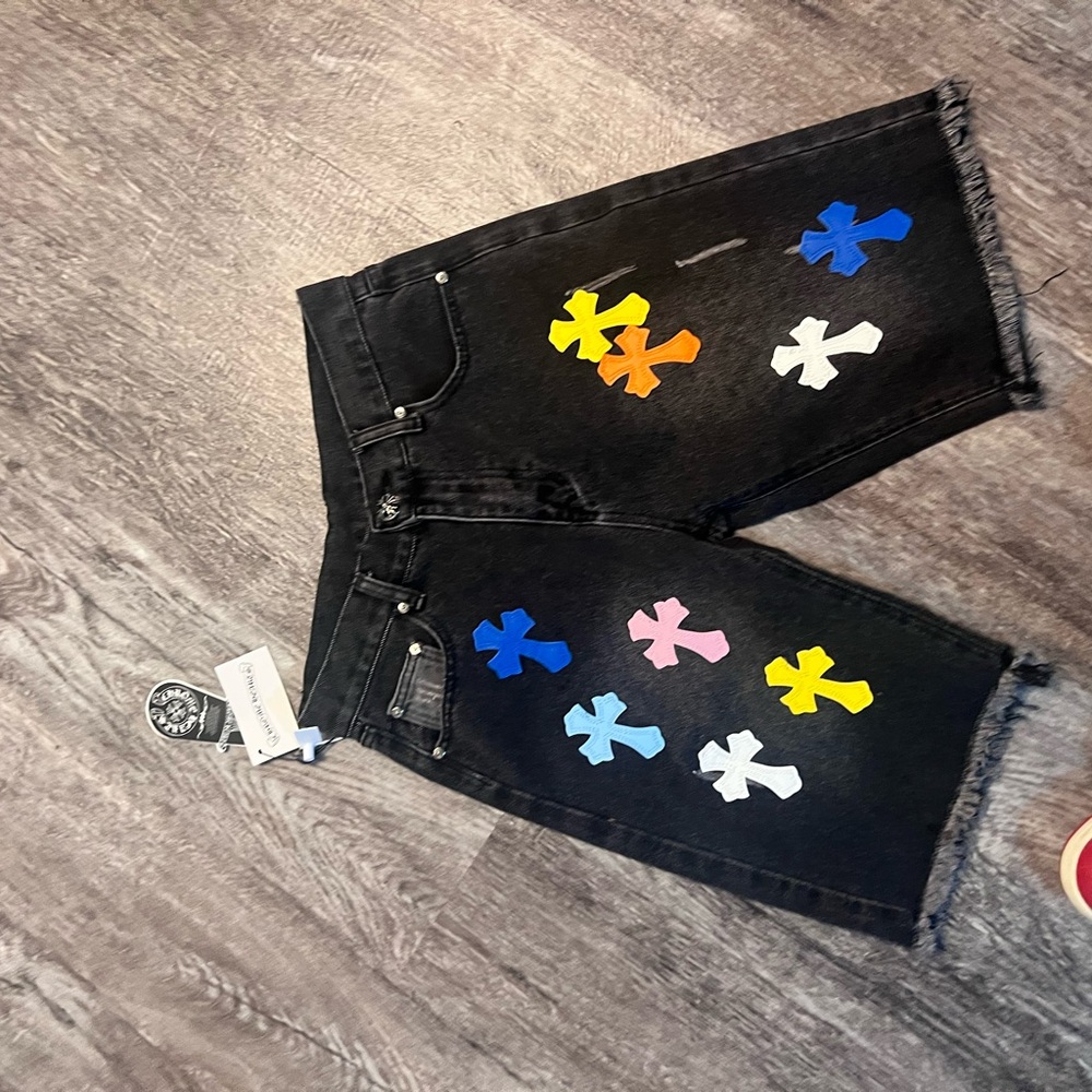Chrome Hearts Men's Jorts Multicolored, Denim Shorts with Colorful Cross
